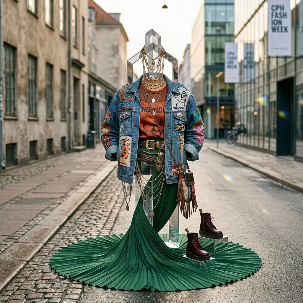 Woman wearing colorful denim jacket and green skirt walking on street at fashion event